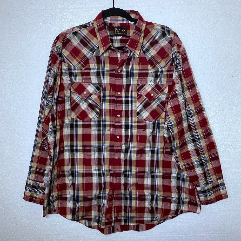Plains Mens Size XL Red Plaid Western Wear Pearl Snap Shirt Long Sleeves Cowboy